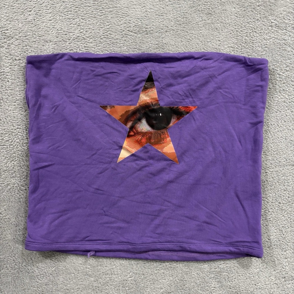 Omighty Tube Crop Top Women's Large Star Eye Cutout Print Purple Babydoll Y2K